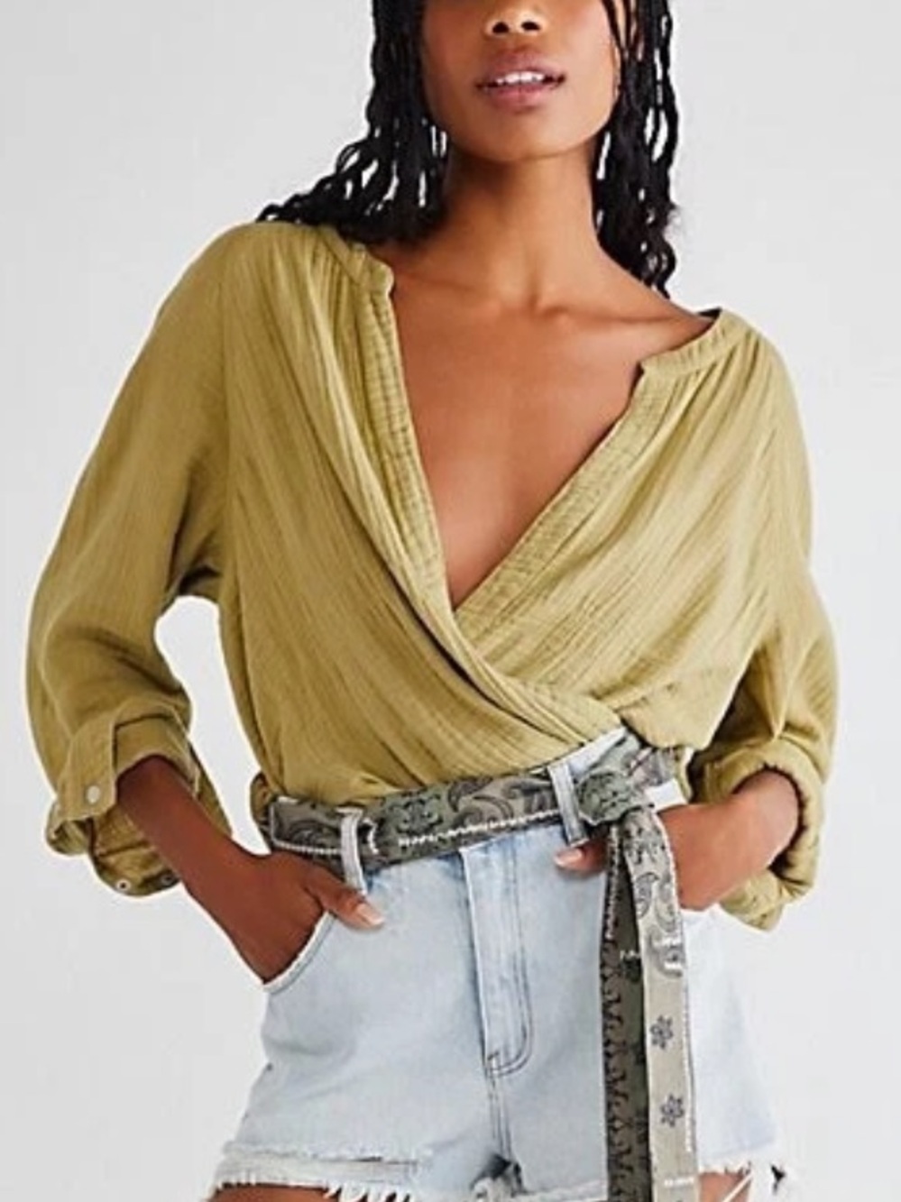 We The Free Nightdreams Gauze wrap top Cool Moss 100% cotton Free People Sz L